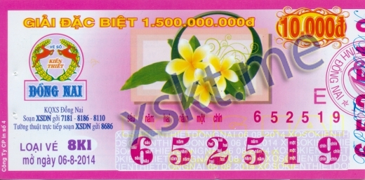 Mẫu vé sô xổ số Đồng Nai ngày 6/8/2014