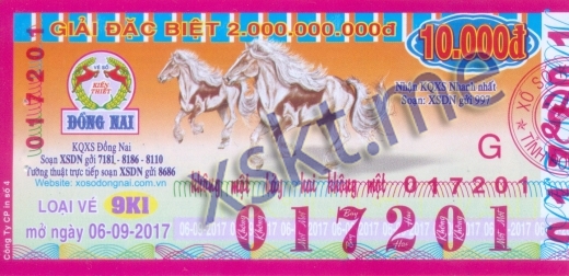 Mẫu vé sô xổ số Đồng Nai ngày 6/9/2017
