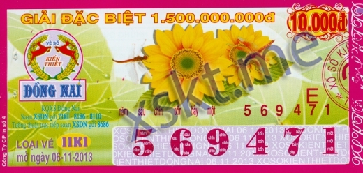 Mẫu vé sô xổ số Đồng Nai ngày 6/11/2013
