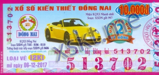 Mẫu vé sô xổ số Đồng Nai ngày 6/12/2017