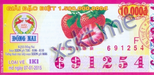 Mẫu vé sô xổ số Đồng Nai ngày 7/1/2015