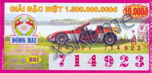 Mẫu vé sô xổ số Đồng Nai ngày 7/8/2013