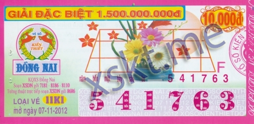 Mẫu vé sô xổ số Đồng Nai ngày 7/11/2012