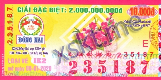 Mẫu vé sô xổ số Đồng Nai ngày 8/1/2020