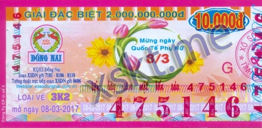 Mẫu vé sô xổ số Đồng Nai ngày 8/3/2017