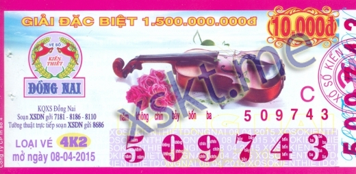 Mẫu vé sô xổ số Đồng Nai ngày 8/4/2015