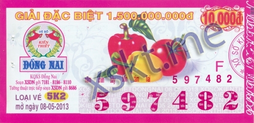 Mẫu vé sô xổ số Đồng Nai ngày 8/5/2013