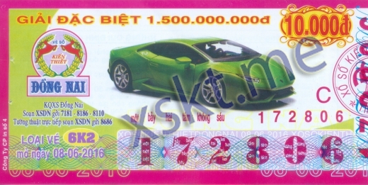 Mẫu vé sô xổ số Đồng Nai ngày 8/6/2016
