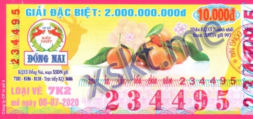 Mẫu vé sô xổ số Đồng Nai ngày 8/7/2020