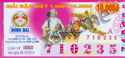 Mẫu vé sô xổ số Đồng Nai ngày 8/10/2014