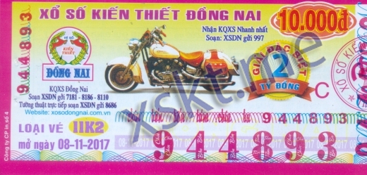 Mẫu vé sô xổ số Đồng Nai ngày 8/11/2017
