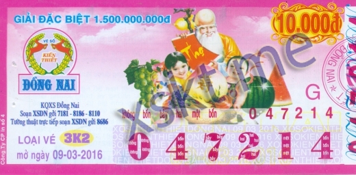 Mẫu vé sô xổ số Đồng Nai ngày 9/3/2016