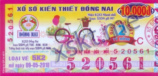 Mẫu vé sô xổ số Đồng Nai ngày 9/5/2018