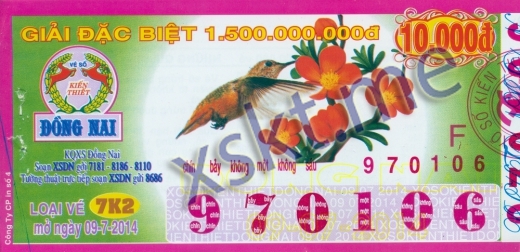 Mẫu vé sô xổ số Đồng Nai ngày 9/7/2014