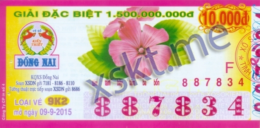 Mẫu vé sô xổ số Đồng Nai ngày 9/9/2015