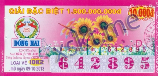 Mẫu vé sô xổ số Đồng Nai ngày 9/10/2013