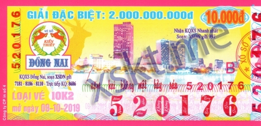 Mẫu vé sô xổ số Đồng Nai ngày 9/10/2019