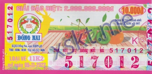Mẫu vé sô xổ số Đồng Nai ngày 9/11/2022