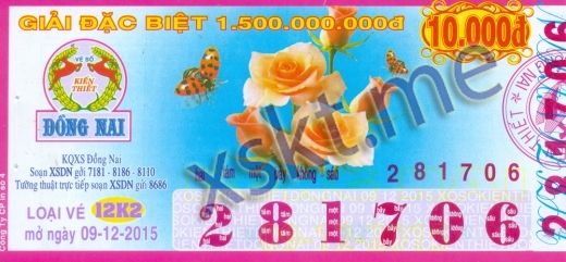 Mẫu vé sô xổ số Đồng Nai ngày 9/12/2015