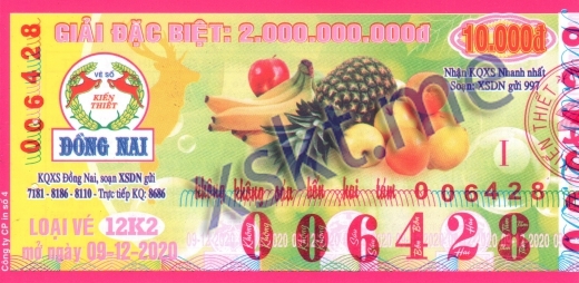 Mẫu vé sô xổ số Đồng Nai ngày 9/12/2020