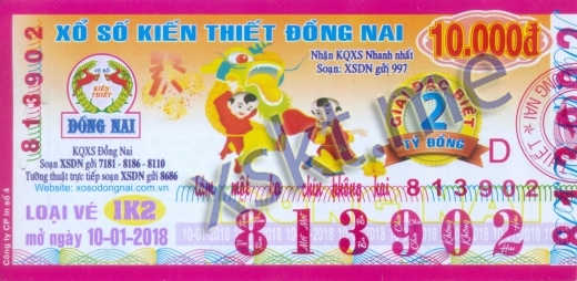Mẫu vé sô xổ số Đồng Nai ngày 10/1/2018