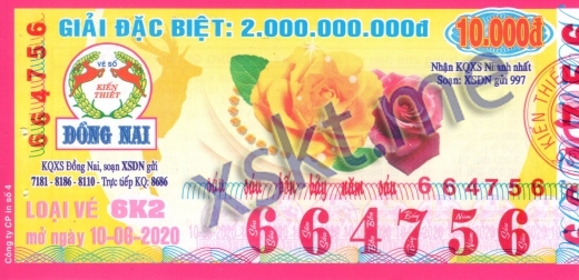 Mẫu vé sô xổ số Đồng Nai ngày 10/6/2020