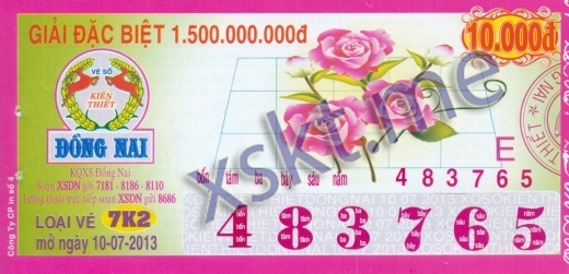 Mẫu vé sô xổ số Đồng Nai ngày 10/7/2013