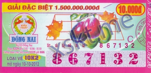 Mẫu vé sô xổ số Đồng Nai ngày 10/10/2012