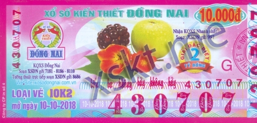 Mẫu vé sô xổ số Đồng Nai ngày 10/10/2018