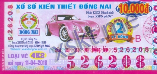 Mẫu vé sô xổ số Đồng Nai ngày 11/4/2018