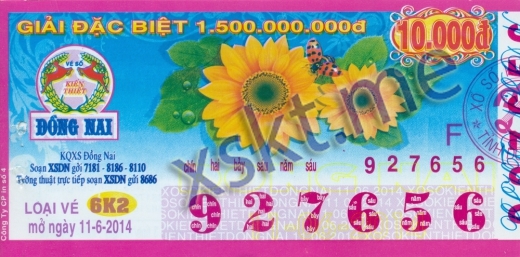 Mẫu vé sô xổ số Đồng Nai ngày 11/6/2014