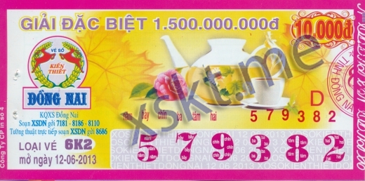 Mẫu vé sô xổ số Đồng Nai ngày 12/6/2013