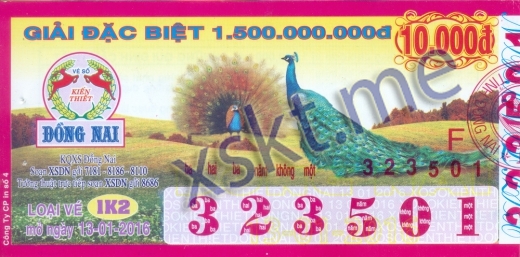 Mẫu vé sô xổ số Đồng Nai ngày 13/1/2016
