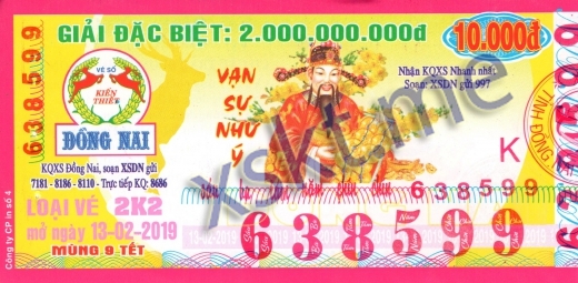 Mẫu vé sô xổ số Đồng Nai ngày 13/2/2019