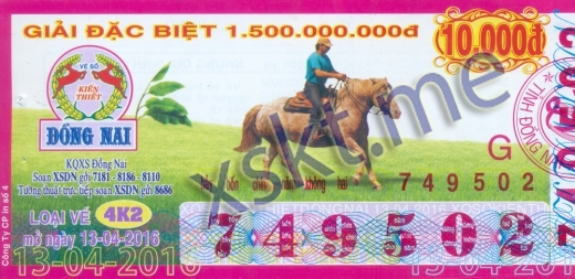 Mẫu vé sô xổ số Đồng Nai ngày 13/4/2016
