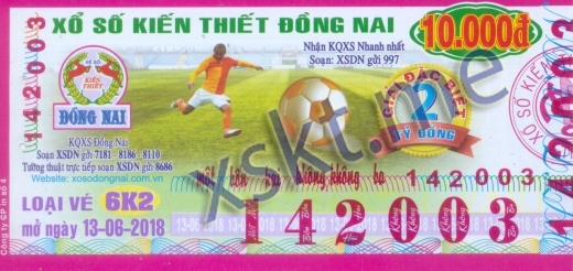 Mẫu vé sô xổ số Đồng Nai ngày 13/6/2018