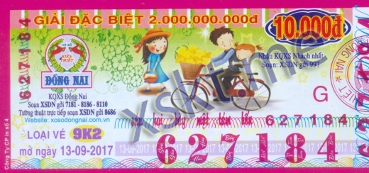 Mẫu vé sô xổ số Đồng Nai ngày 13/9/2017