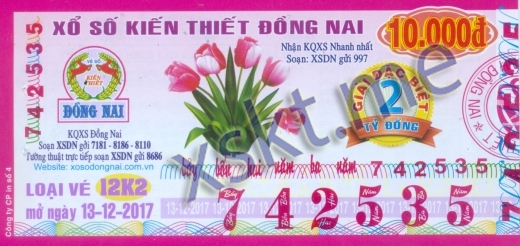Mẫu vé sô xổ số Đồng Nai ngày 13/12/2017