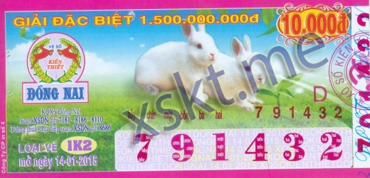 Mẫu vé sô xổ số Đồng Nai ngày 14/1/2015