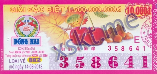 Mẫu vé sô xổ số Đồng Nai ngày 14/8/2013