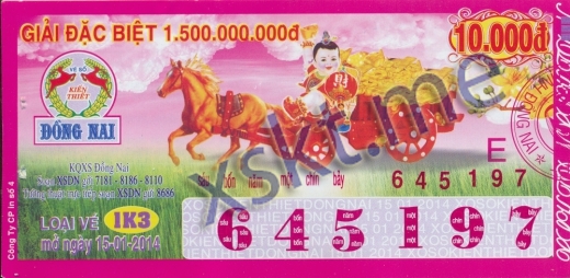 Mẫu vé sô xổ số Đồng Nai ngày 15/1/2014