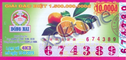 Mẫu vé sô xổ số Đồng Nai ngày 15/4/2015