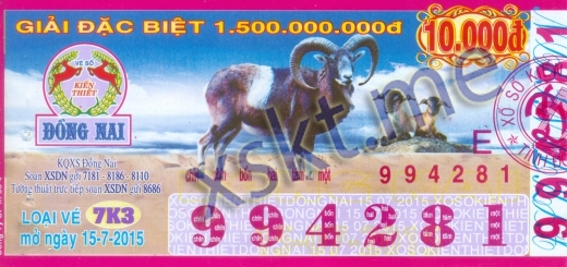 Mẫu vé sô xổ số Đồng Nai ngày 15/7/2015