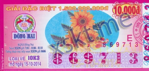 Mẫu vé sô xổ số Đồng Nai ngày 15/10/2014