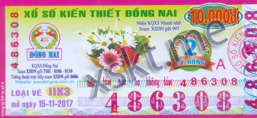 Mẫu vé sô xổ số Đồng Nai ngày 15/11/2017