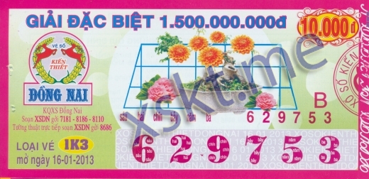 Mẫu vé sô xổ số Đồng Nai ngày 16/1/2013