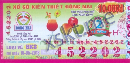 Mẫu vé sô xổ số Đồng Nai ngày 16/5/2018