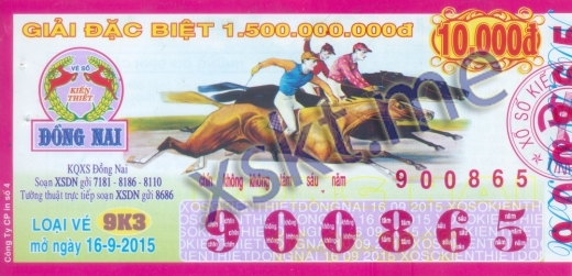 Mẫu vé sô xổ số Đồng Nai ngày 16/9/2015