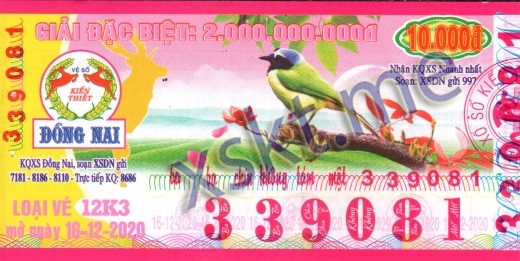 Mẫu vé sô xổ số Đồng Nai ngày 16/12/2020