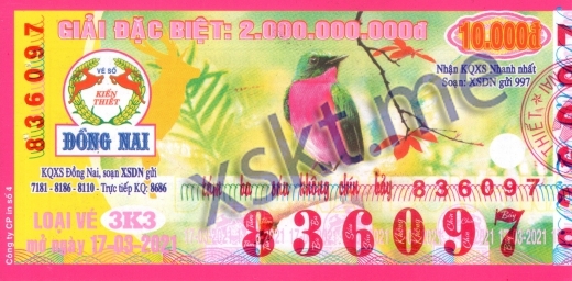 Mẫu vé sô xổ số Đồng Nai ngày 17/3/2021